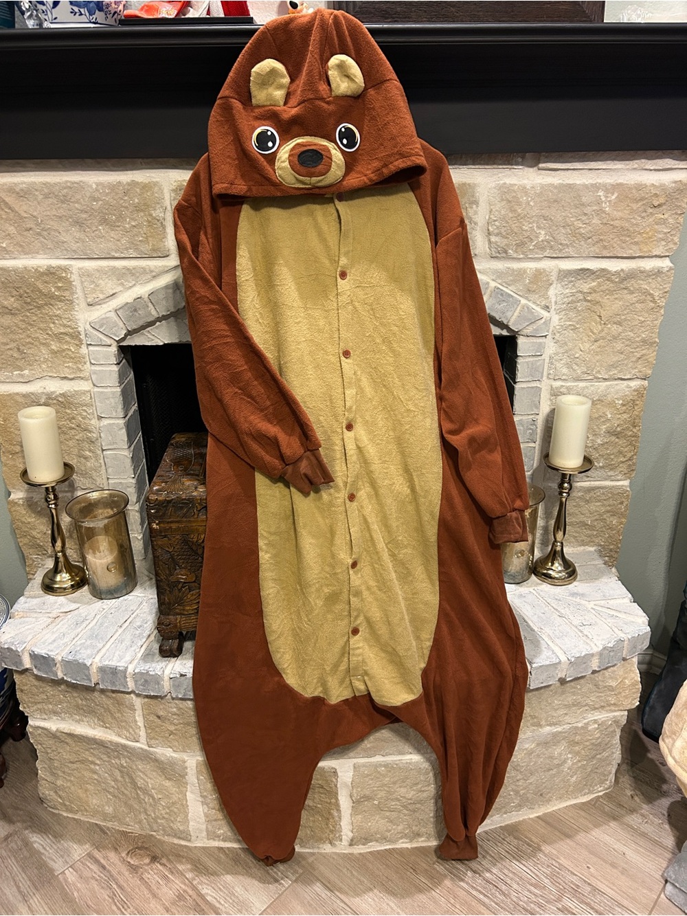 Adult Unisex Bear Hooded Onesie Costume with Tan Belly